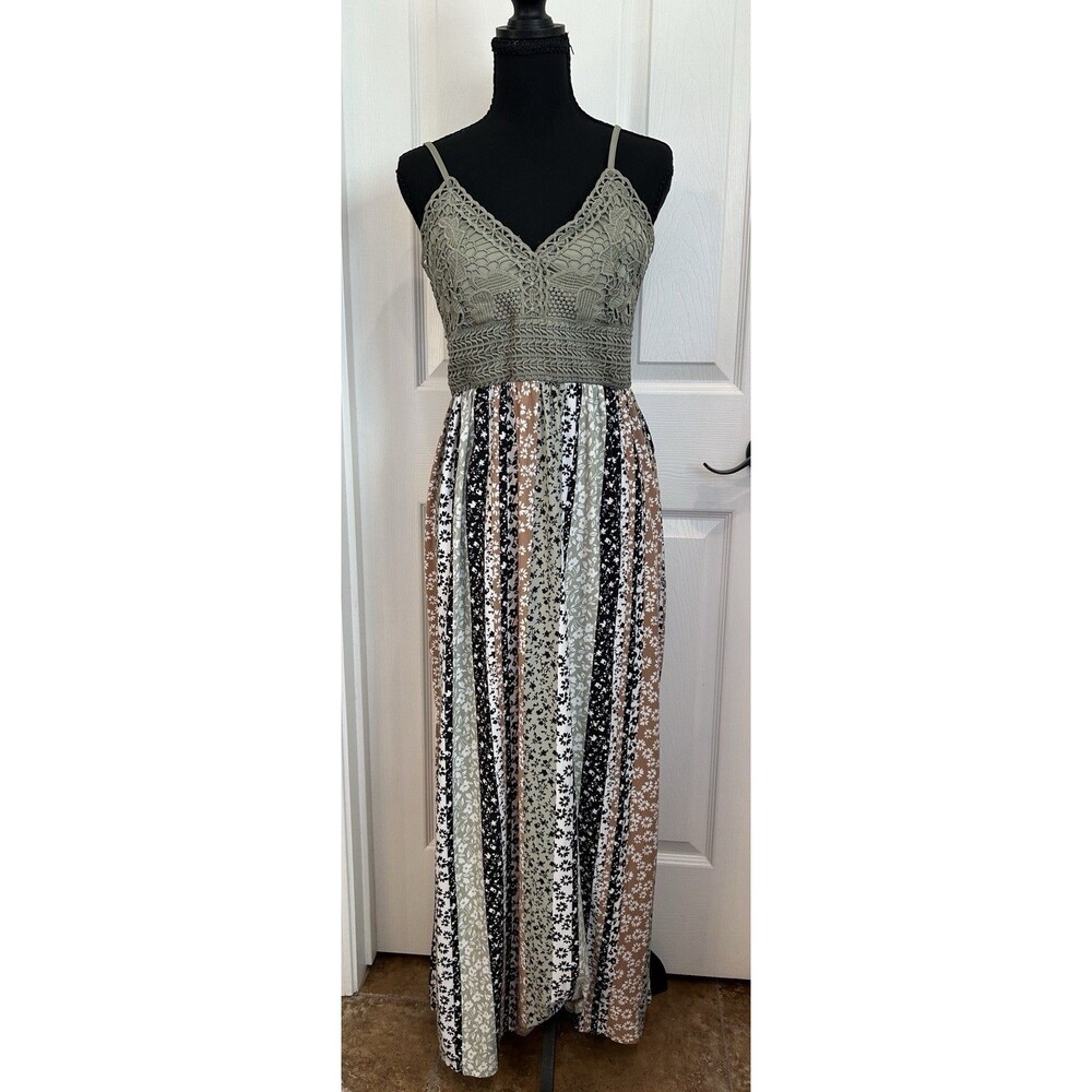 Derek Heart Womens Maxi Dress Crochet Halter Floral Stripe Green Large